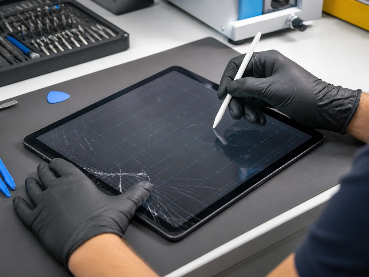 Technician testing touch response on a cracked iPad screen