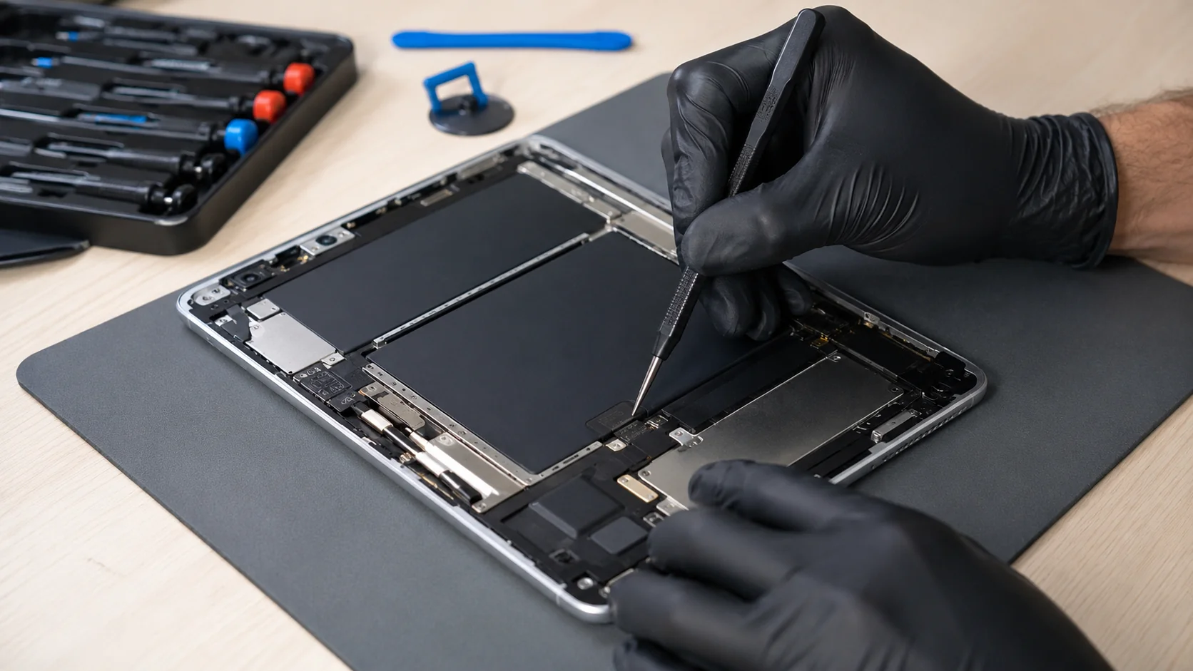 Technician performing an iPad battery and charging repair
