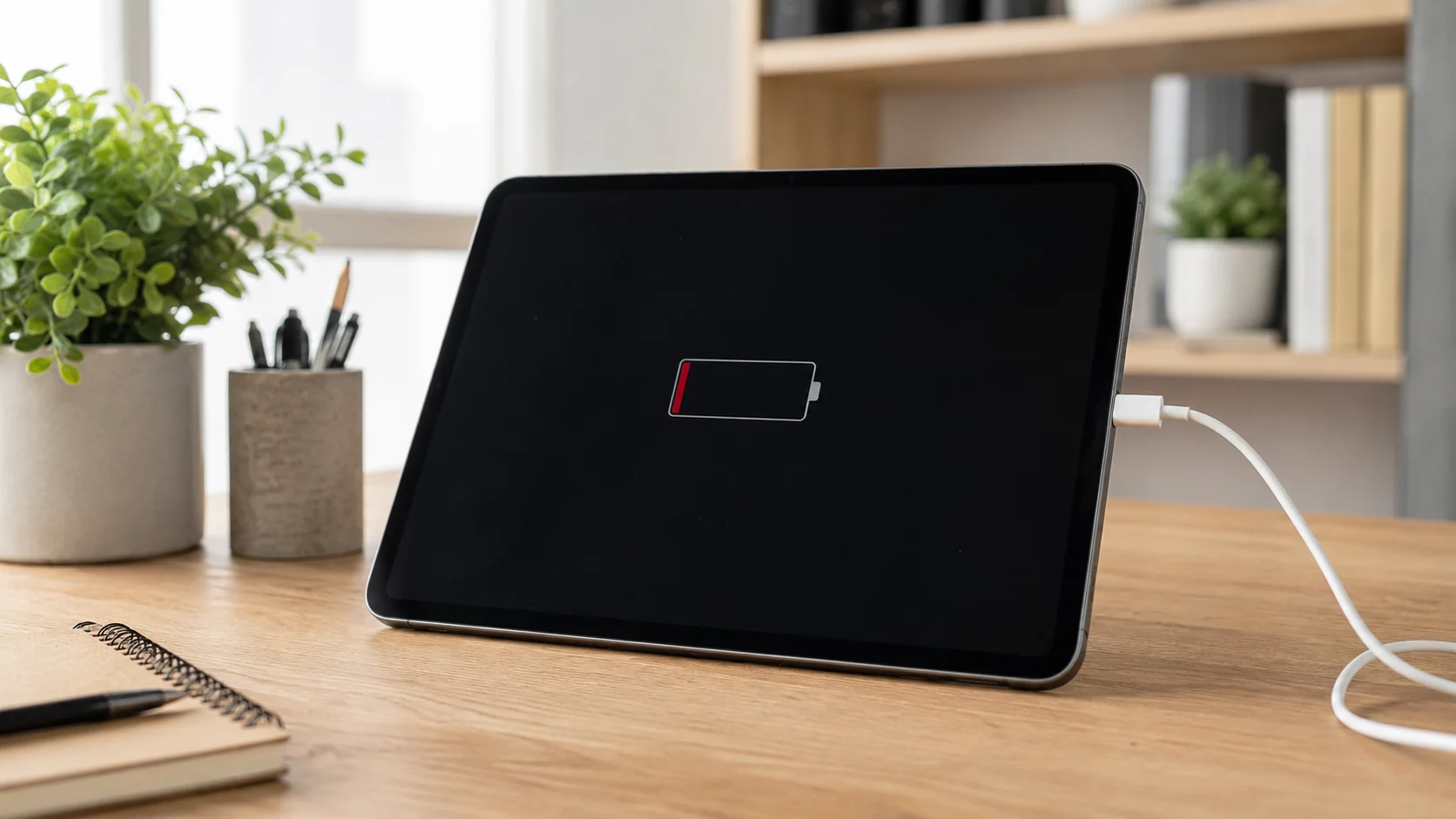 iPad plugged in showing a low battery icon and not charging