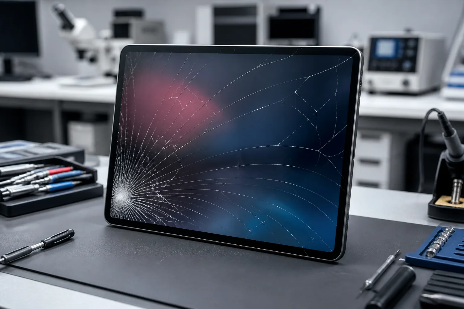 Cracked iPad Screen Repair in Toronto Cracked iPad screen on a professional repair bench in Toronto
