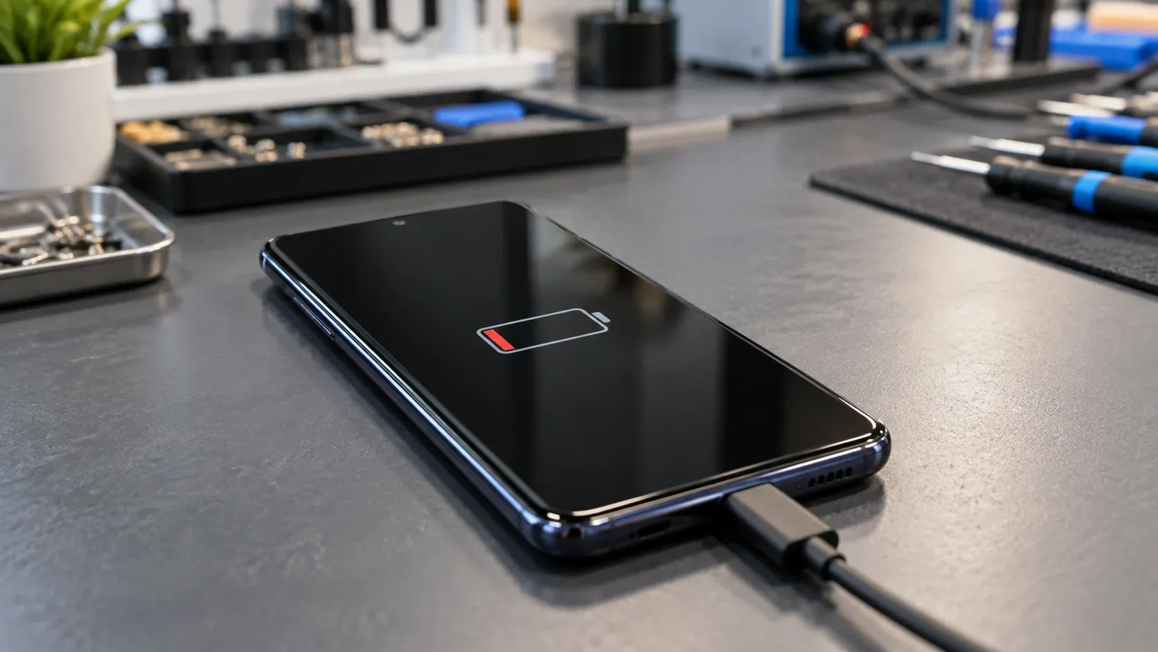 Samsung Galaxy phone showing a low battery while connected to a charger